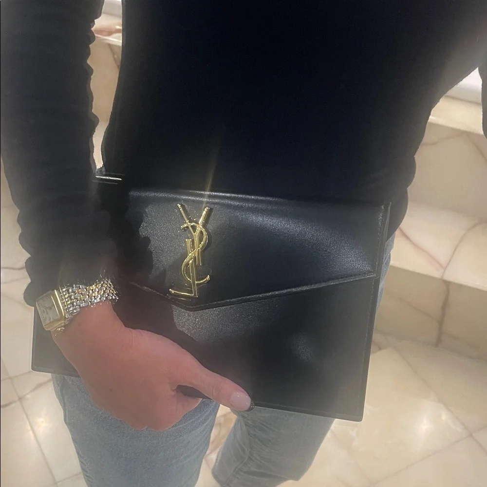 Saint Laurent Black Envelope Clutch with Gold Emblem - Picture 3 of 5